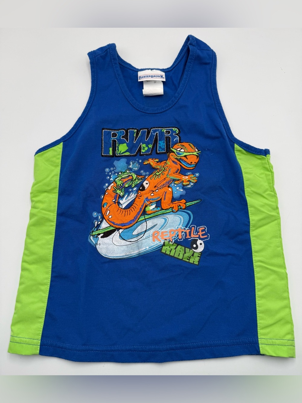 Vintage Buster Brown Blue & Green Graphic Tank Top With A Gecko Surfing Size 4T